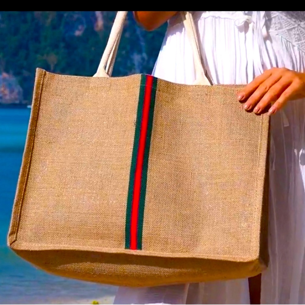 Oversized Classic Tan Tote / Beach Bag w. Red/Green Stripe